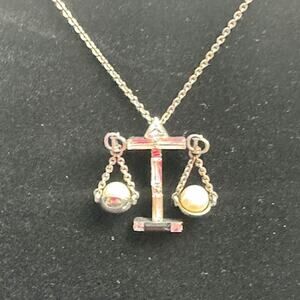Christian Dior Silver Scale of Justice Charm Necklace with Pearls & Crystals